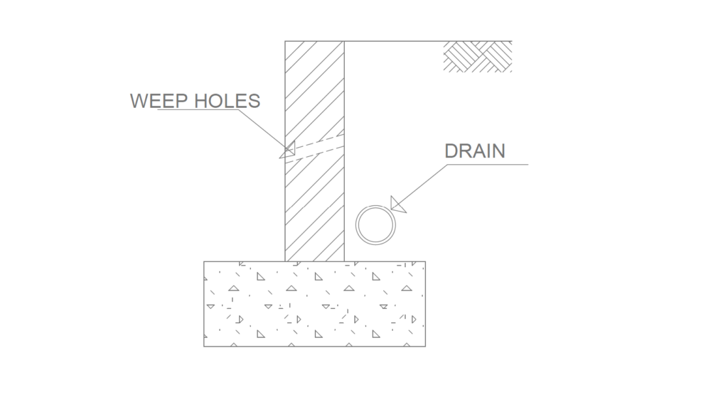 position of weep holes and drain in aretaining wall structure