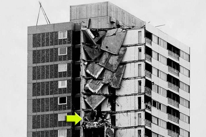 image showing progressive collapse of of the ronan point tower due to lack of structural redundancy