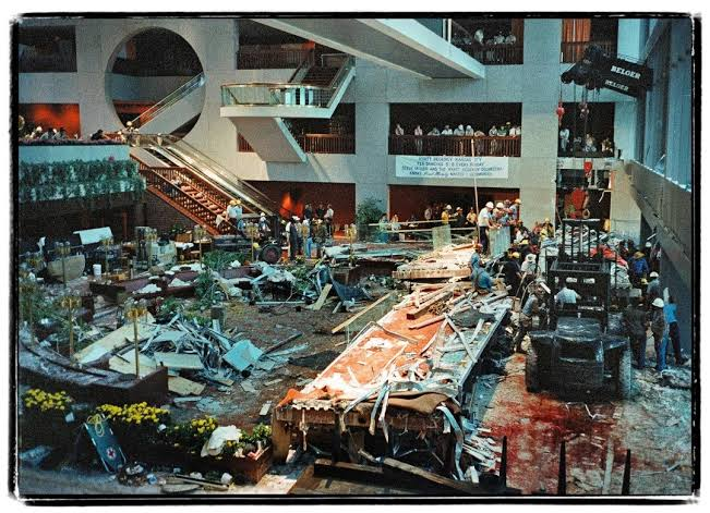 image shows structural failures of the hyatt regency walkway
