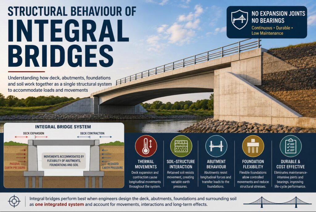 Designing an integral bridge requires engineers to consider the interaction of multiple structural and geotechnical factors rather than designing each component independently.